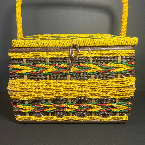 Vintage Sears Yellow & Brown Woven Wicker Hinged Lid Sewing Basket Box w/ Handle - Picture 2 of 11